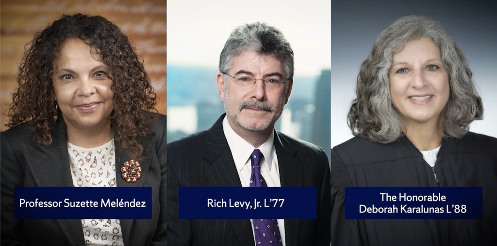 three law honors awardees Suzette Melendez, Rich Levy and Judge Karalunas are shown side by side on a screen with name placards over their headshots, smiling at the camera.