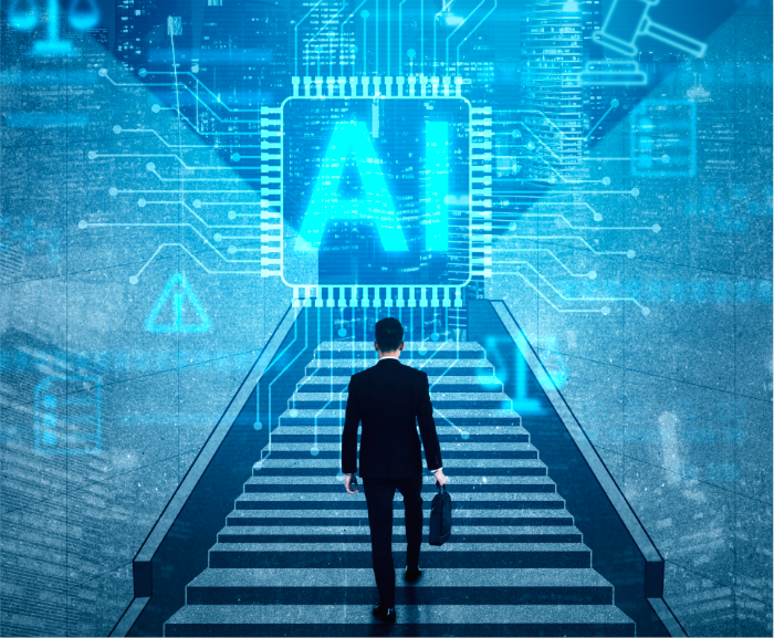 Graphic of person walking upstairs with AI all around them