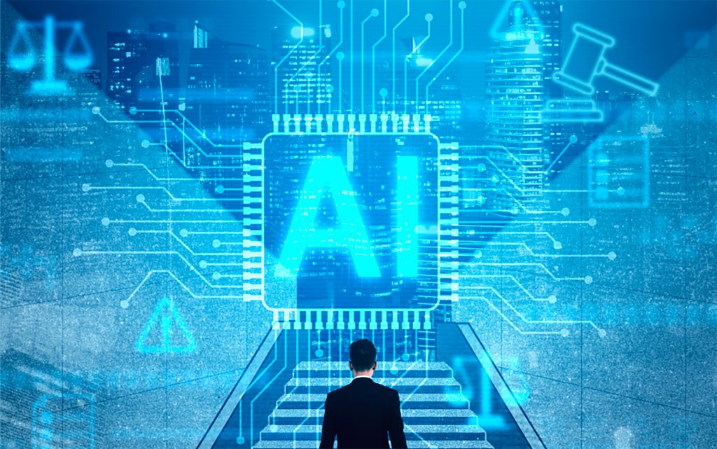 Graphic of person walking upstairs with AI all around them