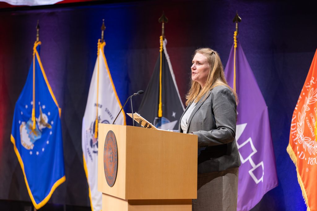 2L Laurie Coffey speaking at the Syracuse University Veterans Day Ceremony