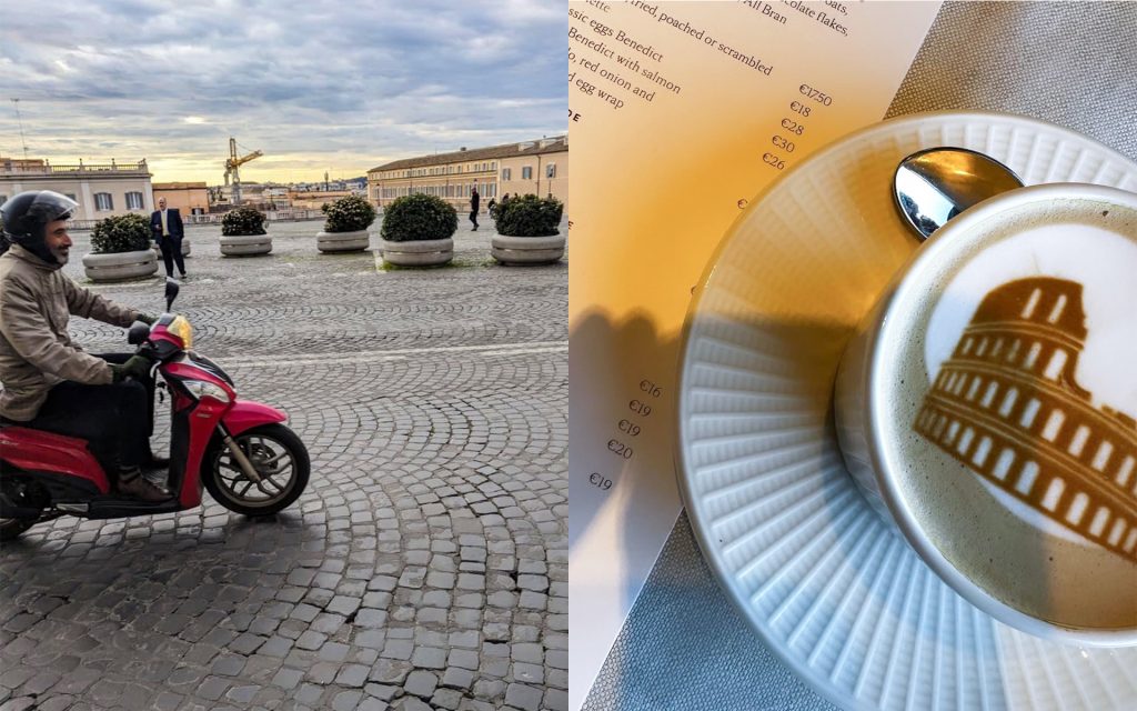 Luca Arnaudo arrives at class on his vespa, next to an image of the colleseum on a coffee