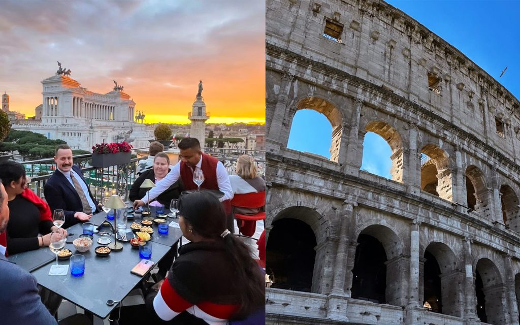 A double image of students eating dinner during sunset in Rome and the Colosseum 