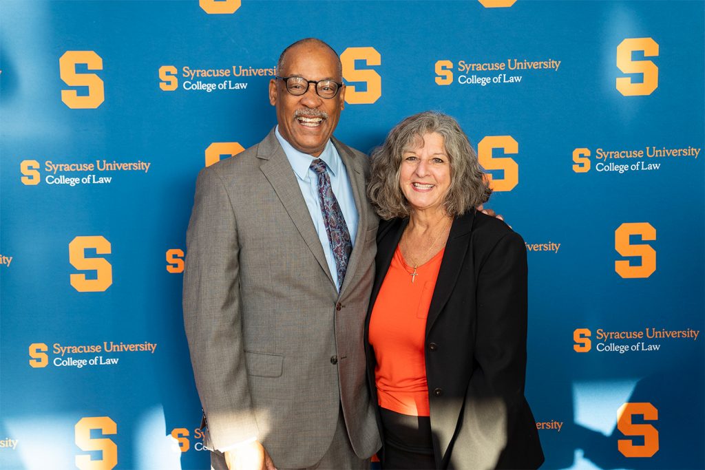 John Elmore L’84 and the Hon. Deborah Karalunas L’82 pose for a photo together after the award ceremony.