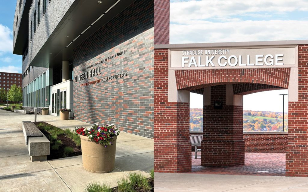A collage of two building photos, one of Dineen Hall and the other of Falk College