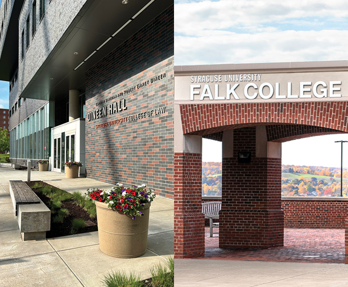 A collage of two building photos, one of Dineen Hall and the other of Falk College