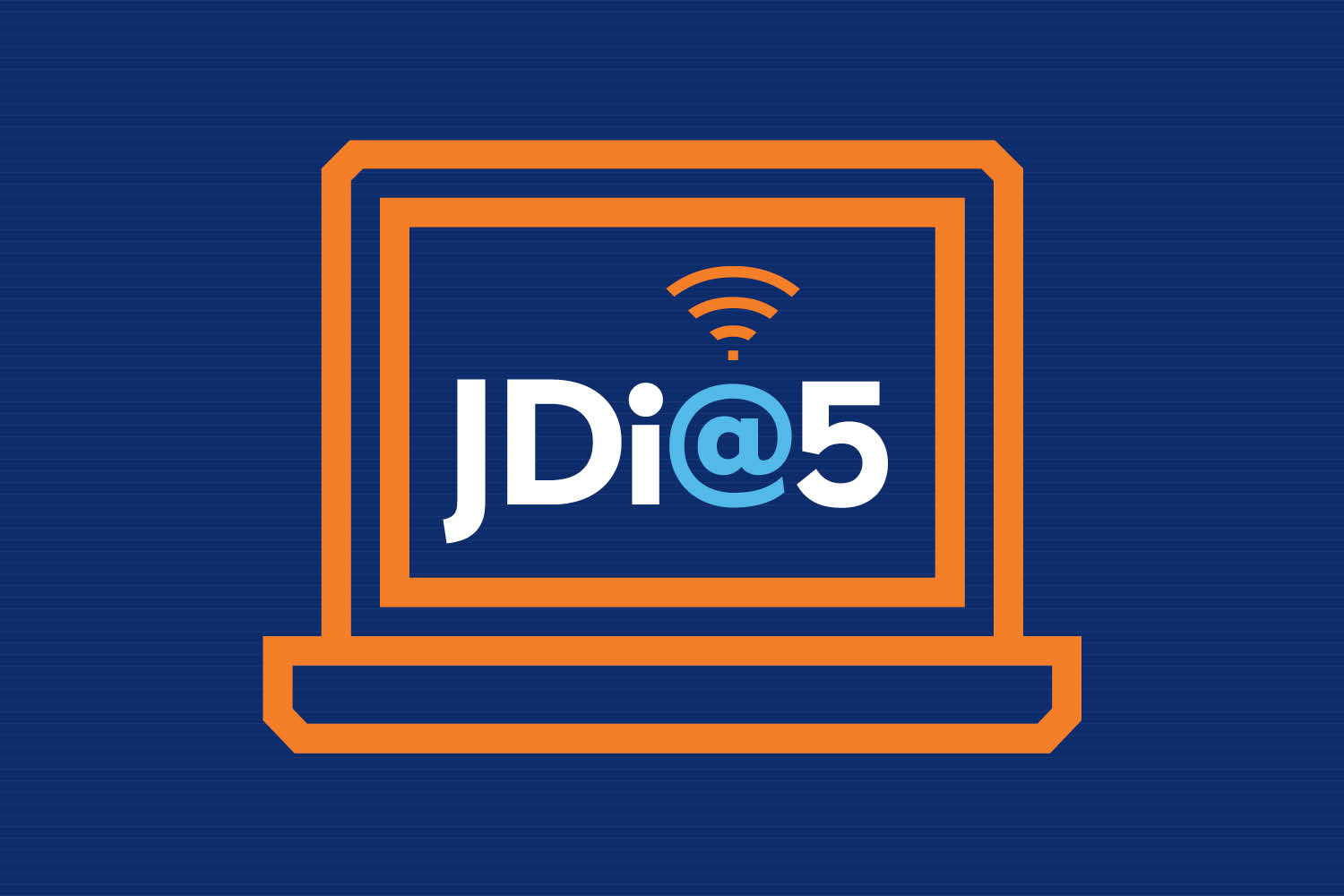Jdi@5 header with blue background and an orange computer icon with an internet icon inside of it