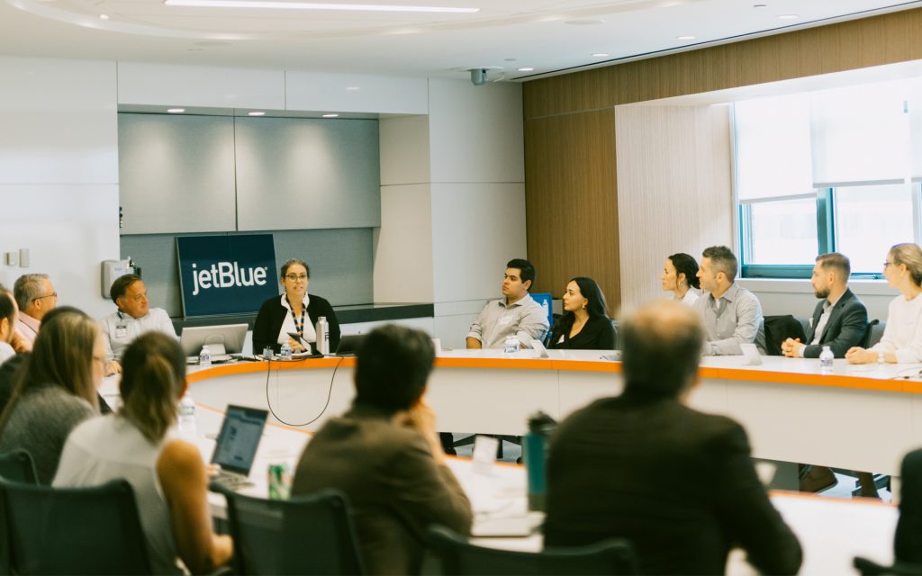 Students in the Jet Blue conference room