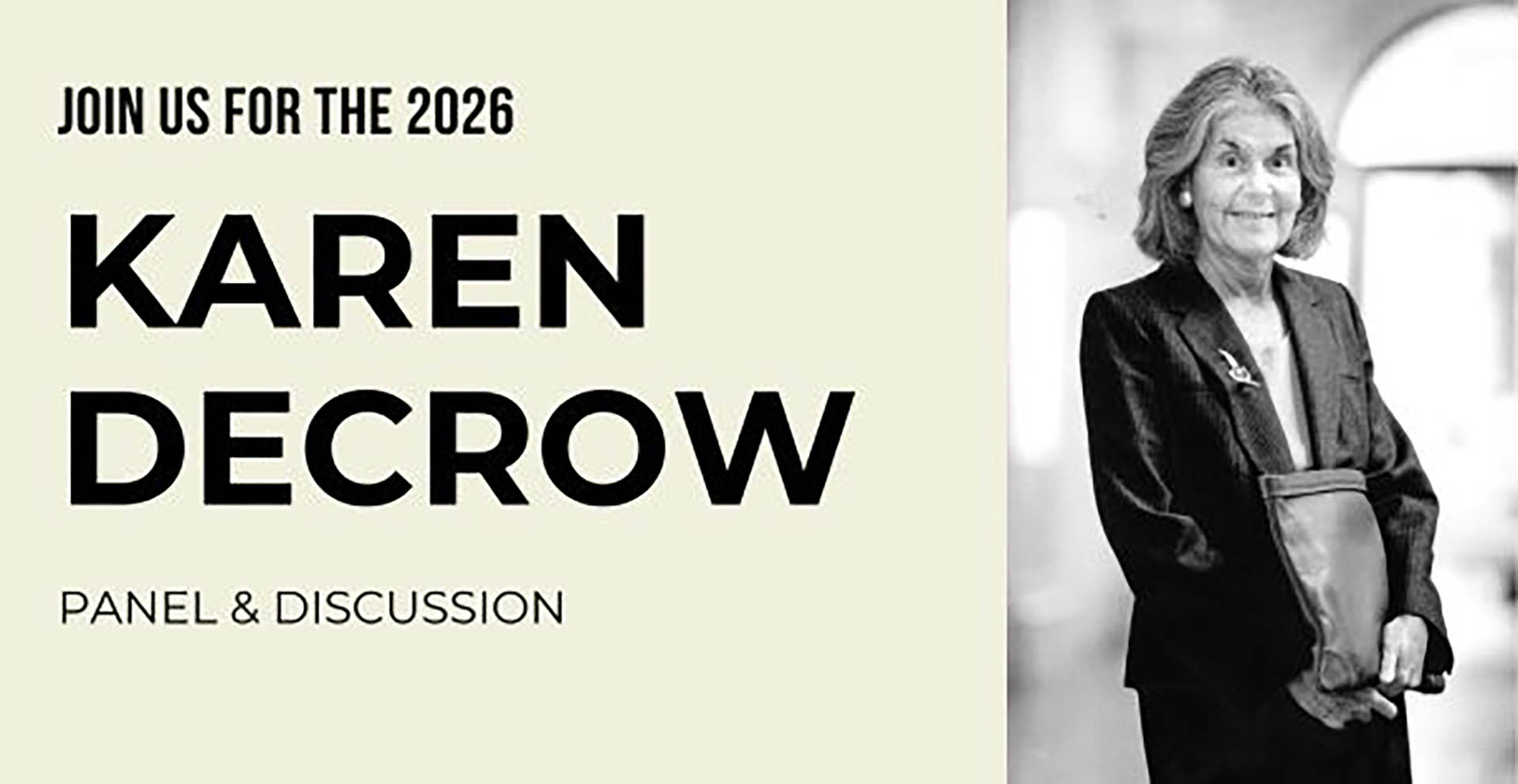Join us for the 2026 Karen Decrow event, with an image of Karen on the right-hand panel.