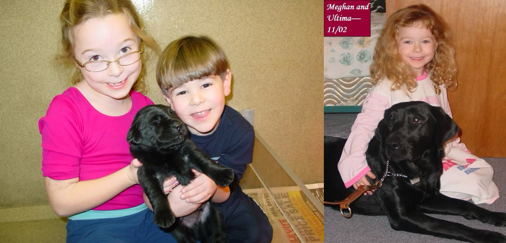 Photos of Meghan Wright as a child with her brother, holding a black lab puppy