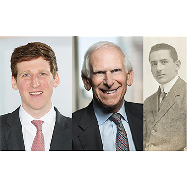 headshots of three generations of pearce family men, all wearing suits and smiling at the camera