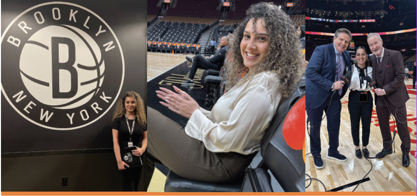 three photos in a montage, the first of Niloo in front of a Brooklyn New York Basketball sign, the second of her sitting on the court clapping, and the third of her standing between two reporters