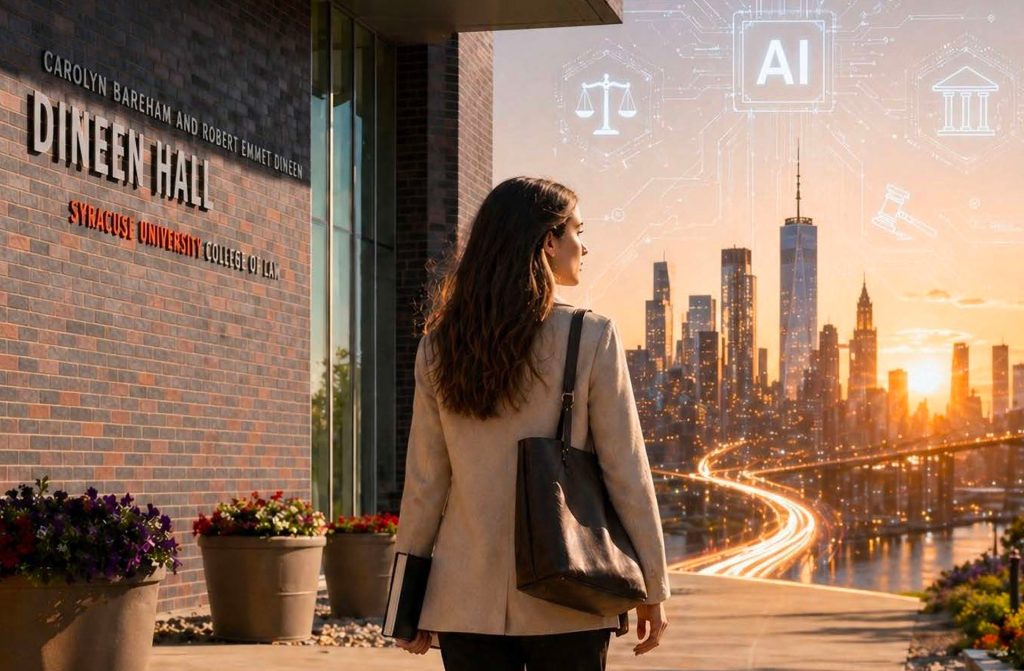 Dineen Hall on the left with a female lawyer in the middle, looking off to a futuristic city with digital AI in the sky