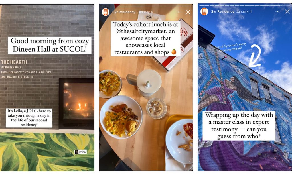 three images of instagram stories from syracuse residency, the first in front of the fireplace at dineen hall, the second of food at a table and the third of a colorful mural outside on a wall of a woman swinging on a swing made of flowers