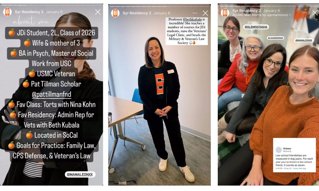 three images of instagram stories from syracuse residency, the first a description of the takeover student, the second of beth kubala and the third of four students smiling at the camera