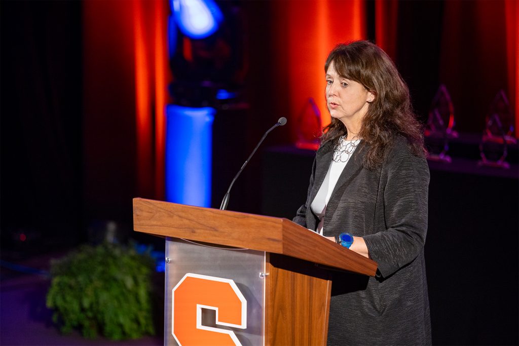 Kathleen Turland L’95 reading remarks at the 2023 Syracuse University College of Law Awards