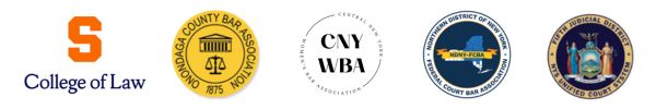 Five logos for the College of Law, Onondaga County Bar Association, CNY WBA, NDNY 
