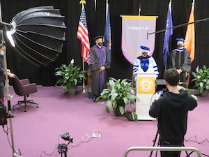 (L to R) Dean Boise, Professor Laura Lape, and Vice Dean Keith Bybee at the filming of the special 2021 Commencement ceremony.