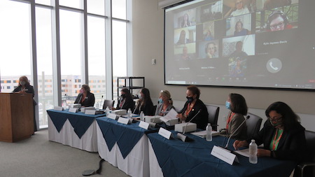 Giving back in another way, the Hon. Thérèse Wiley Dancks L’91 (seated, far right) took part in a Women’s Law Student Association networking event during Law Alumni Weekend 2021